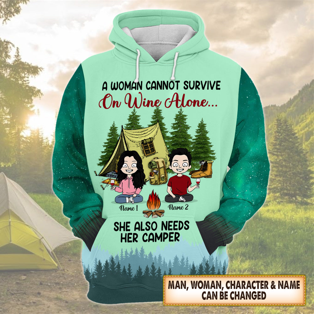 Personalized Couple Camping All Over Print Shirt, Cannot Survive On Wine Alone..., Needs A Camper, M0402, TRHN
