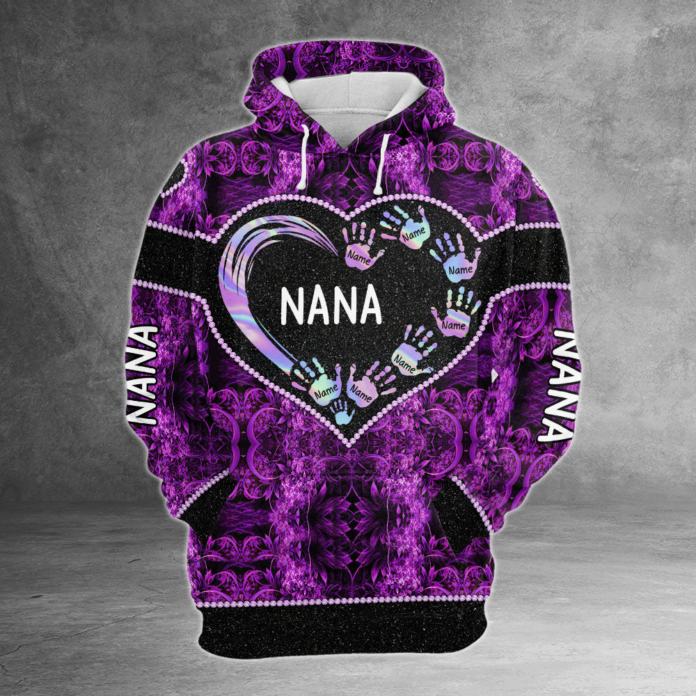 Nana Heart Handprints Hologram Personalized All Over Print Shirt, 3D Shirt For Grandma HN98 PHTS
