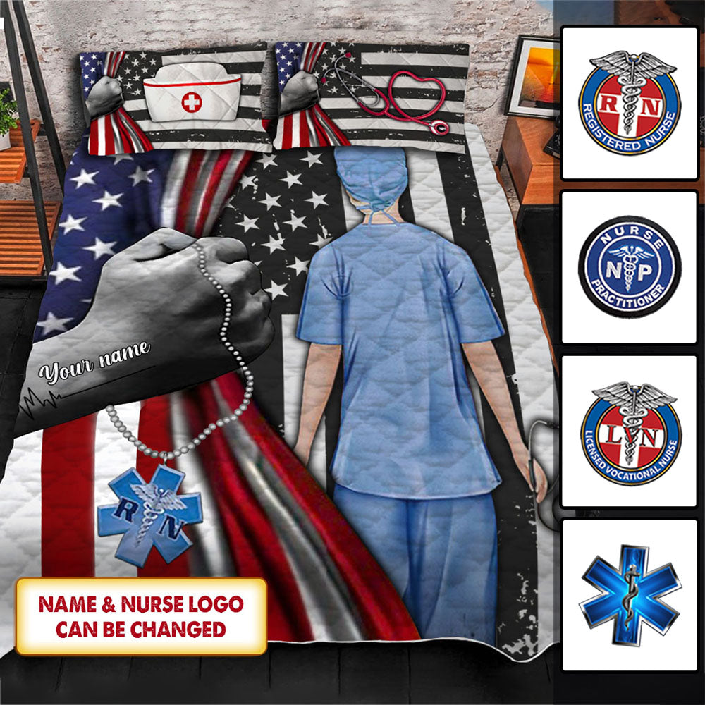 Nurse American Flag, Quilt/Quilt Bed Set For Nurses, Name & Nurse Logo Color Can Be Changed HG98 UOND