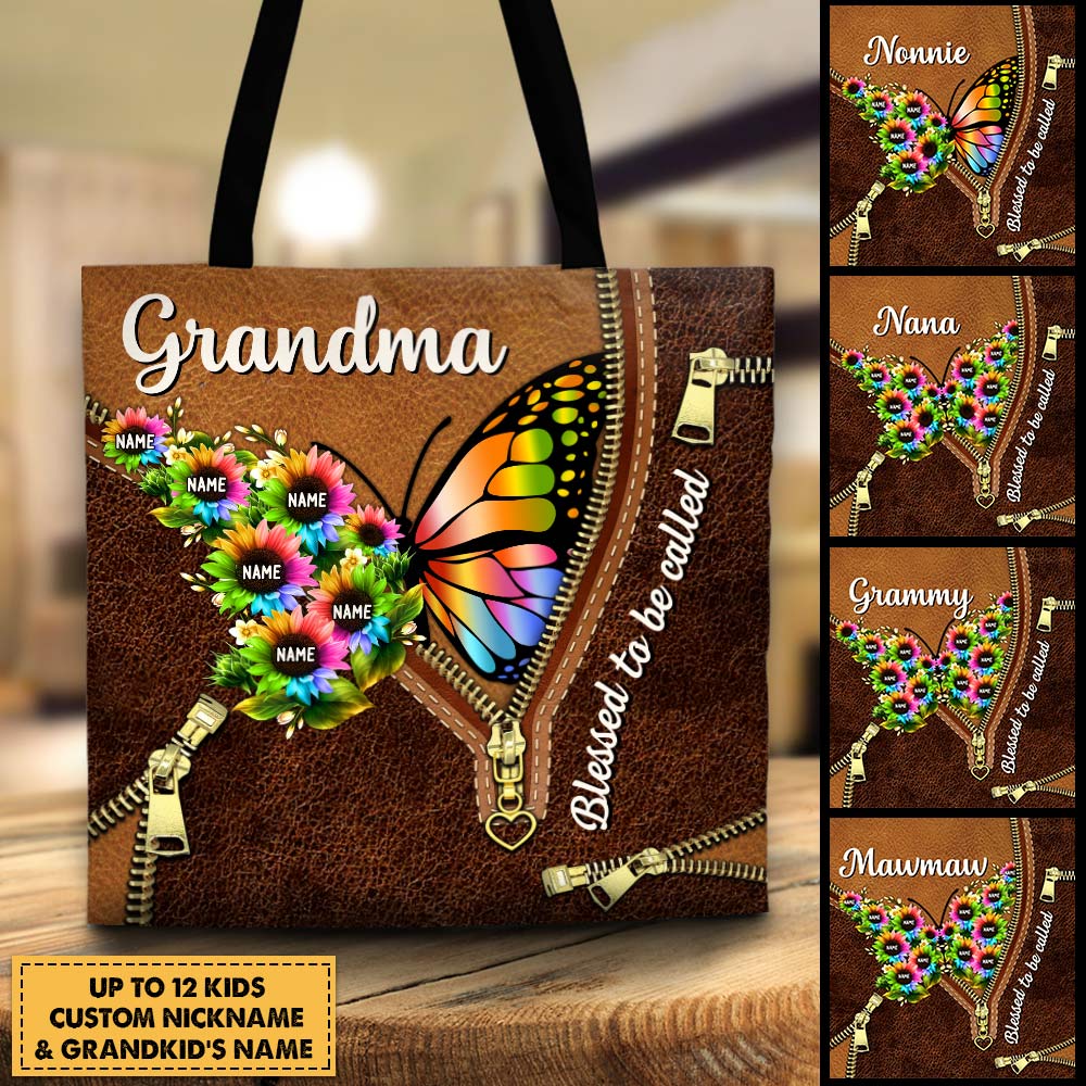 Blessed To Be Called Grandma Colorful Flying Butterfly Sunflowers Printed Leather Pattern Personalized Tote Bag For Grandma, HN98, DO99