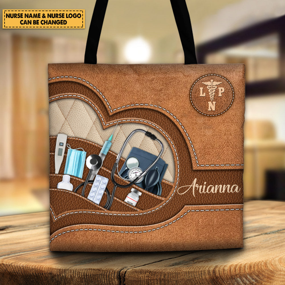 Personalized Tote Bag Printed Leather Pattern For Nurse, Name & Nurse Logo Color Can Be Changed, M0402, Lihd