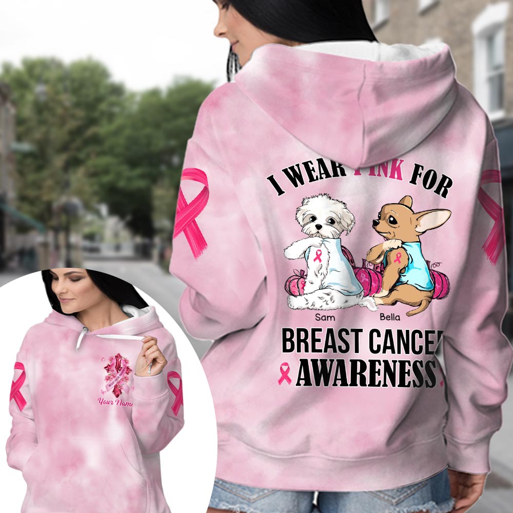 Personalized Dog Mom All Over Print Shirt, Strong Dog, I Wear Pink For Breast Cancer Awareness, Dog Lovers, M0402, PHTS