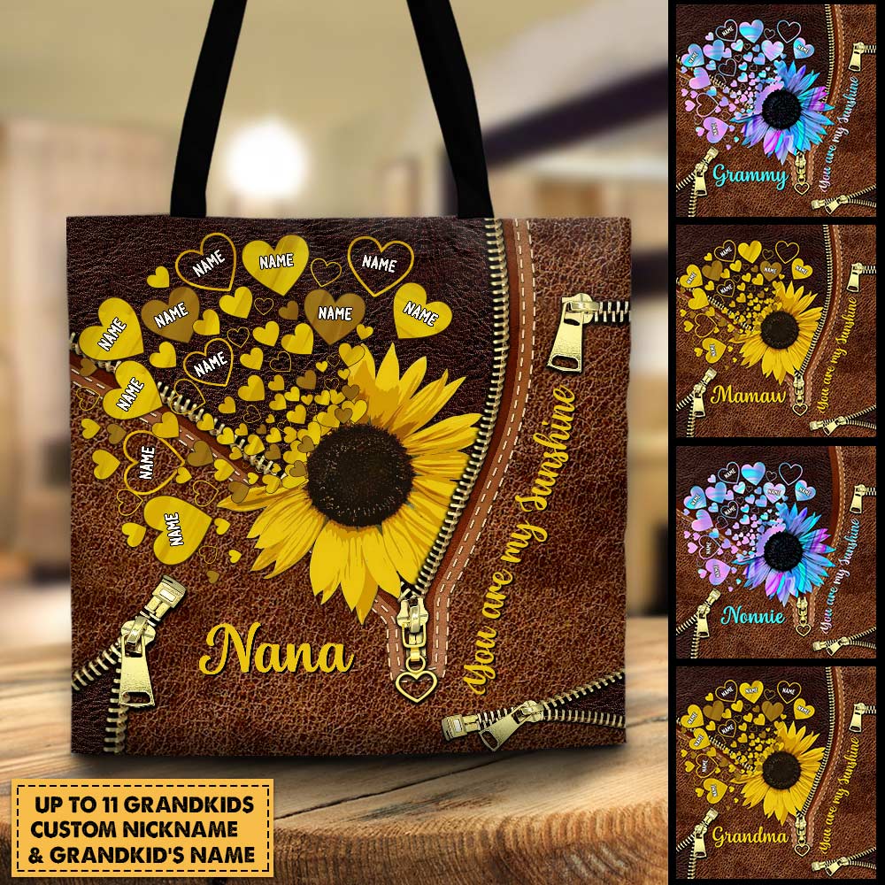 You're My Sunshine, Grandkids Sunflower Printed Leather Pattern Personalized Tote Bag For Grandma, HN98, DO99