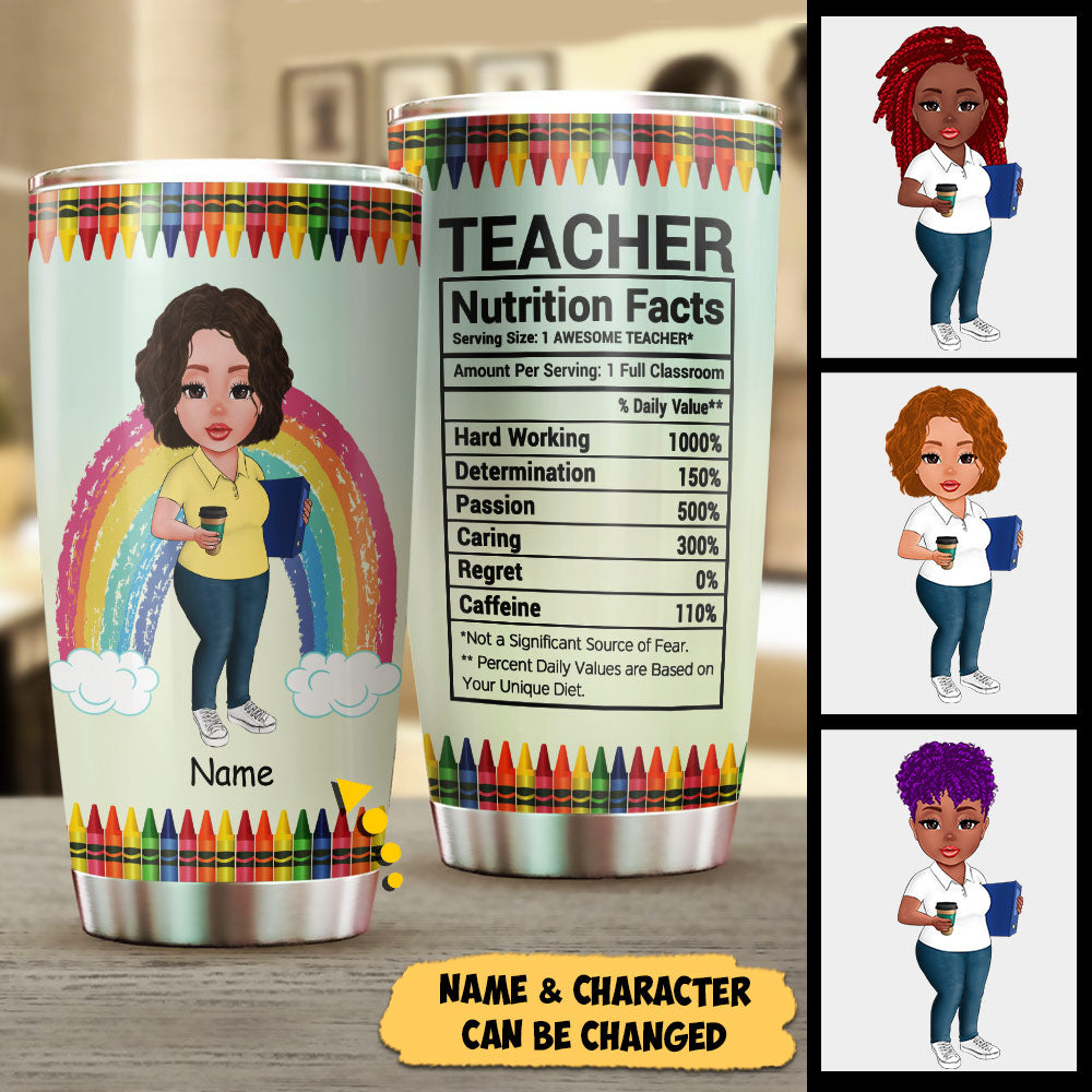 Teacher Nutrition Facts, Personalized Tumbler For Teacher, Name & Character Can Be Changed, HG98, DO99