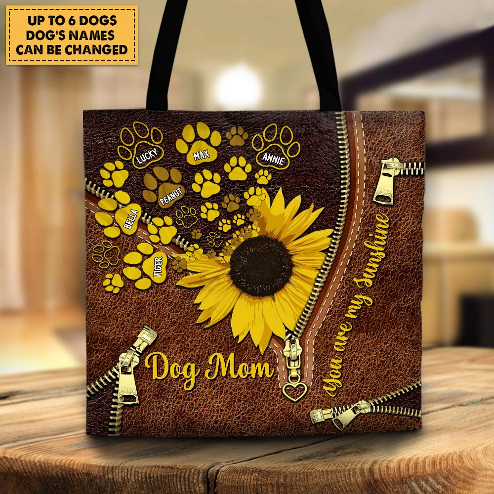 You're My Sunshine, Dog Paw Sunflower Printed Leather Pattern, Personalized Tote Bag For Dog Mom, M0402 DO99