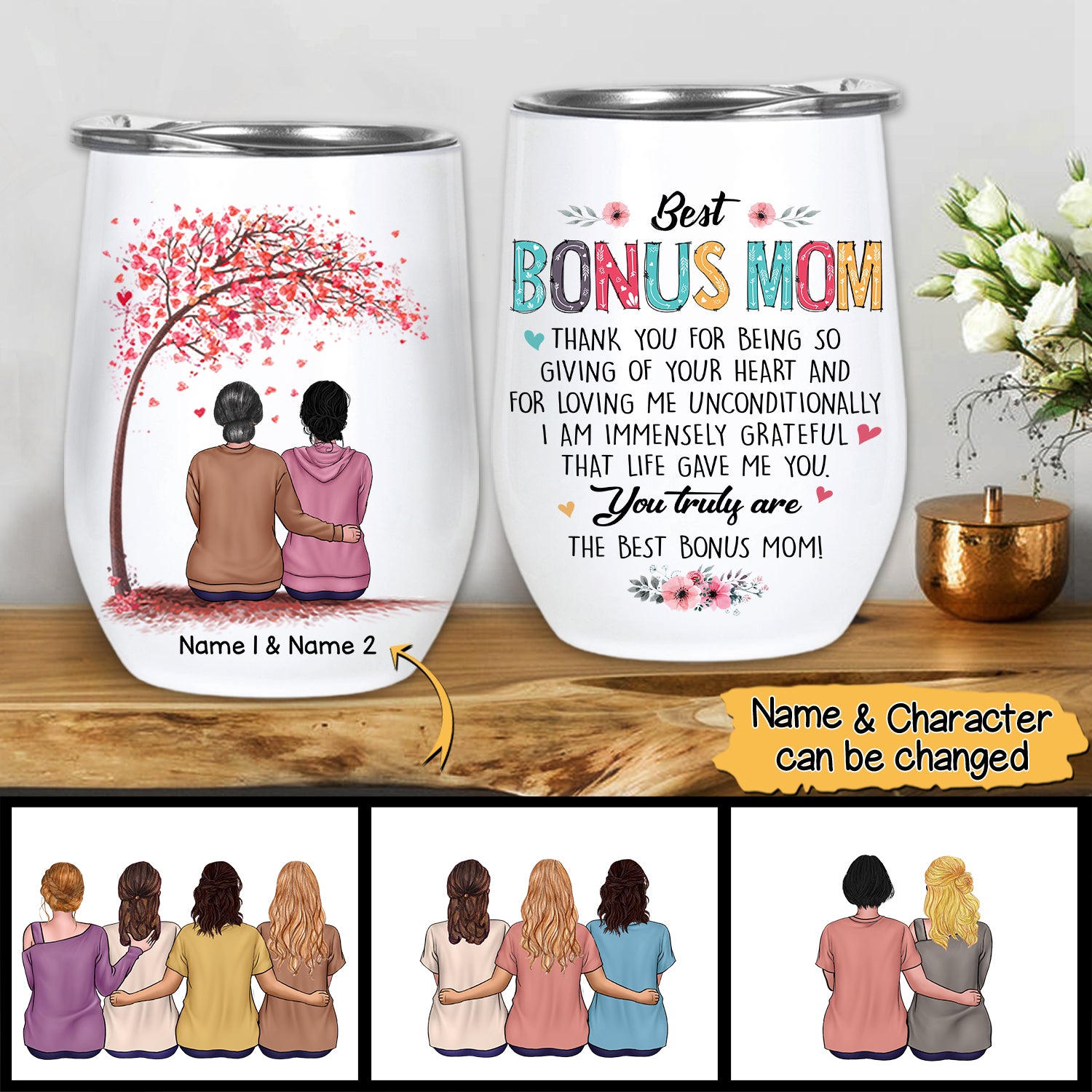 Best Bonus Mom Thank you for being so giving of Your Heart Tumbler for your beloved Bonus Mom, Name & Character can be changed, HG98, TRNA
