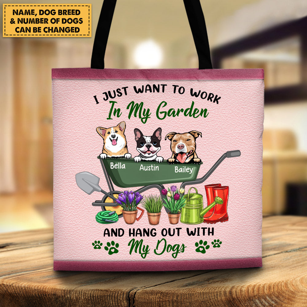 Personalized Tote Bag Printed Leather Pattern For Dog Mom, I Just Want To Work In My Garden And Hang Out With My Dogs, M0402, LIHD