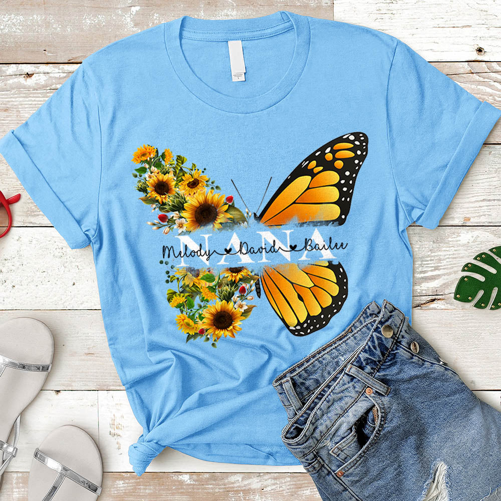 Personalized Nickname & Grandkid's Names Shirt - Butterfly Sunflower | T-shirt Vr2