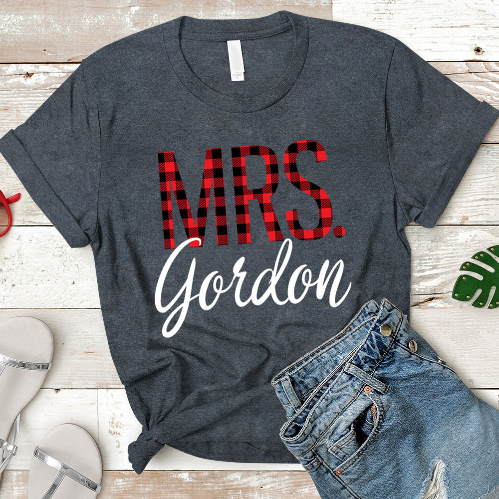Personalized Mrs./Last Name Relaxed Boyfriend - Personalized Last Name Boyfriend Buffalo Plaid Shirt / Caro