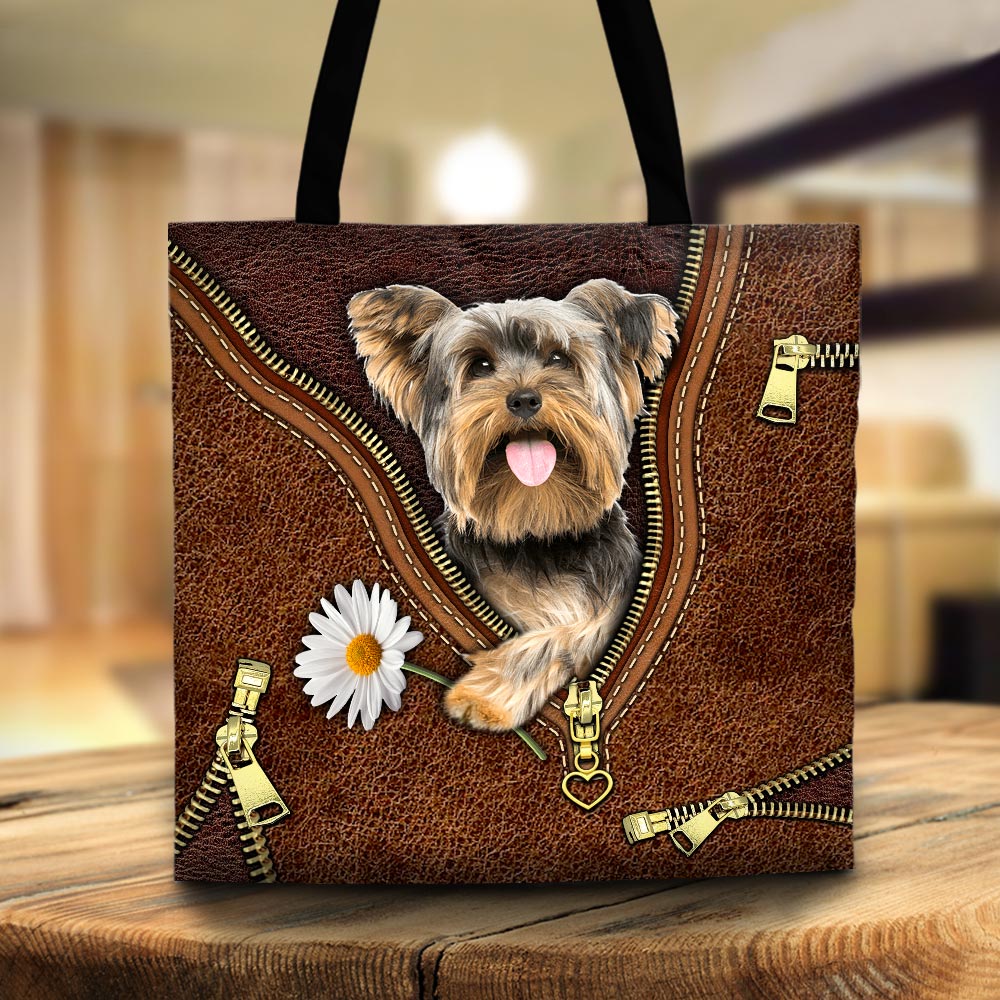 Yorkshire Terrier Holding Daisy, Printed Leather Pattern, Tote Bag For Dog Mom, Dog Lovers, M0402 DO99