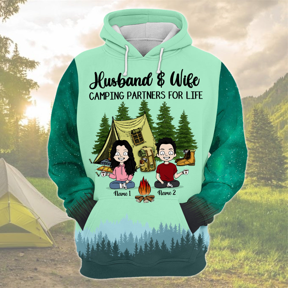 Personalized Couple Camping All Over Print Shirt, Husband & Wife Camping Partners For Life, M0402, TRHN