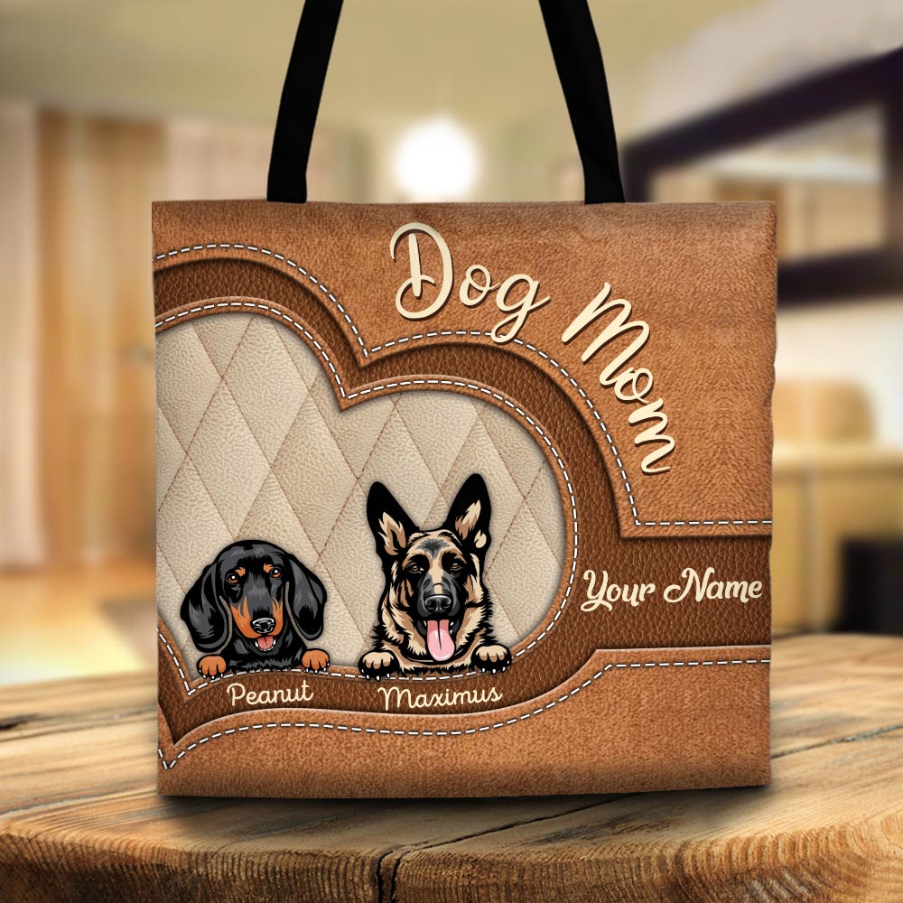 Personalized Tote Bag Printed Leather Pattern For Dog Mom, Dog Breed & Name Can Be Changed, M0402 DO99