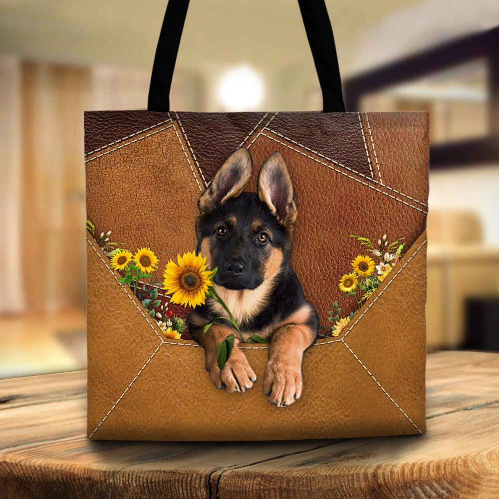 German Shepherd Holding Sunflower, Tote Bag Printed Leather Pattern For Dog Mom, M0402, LIHD
