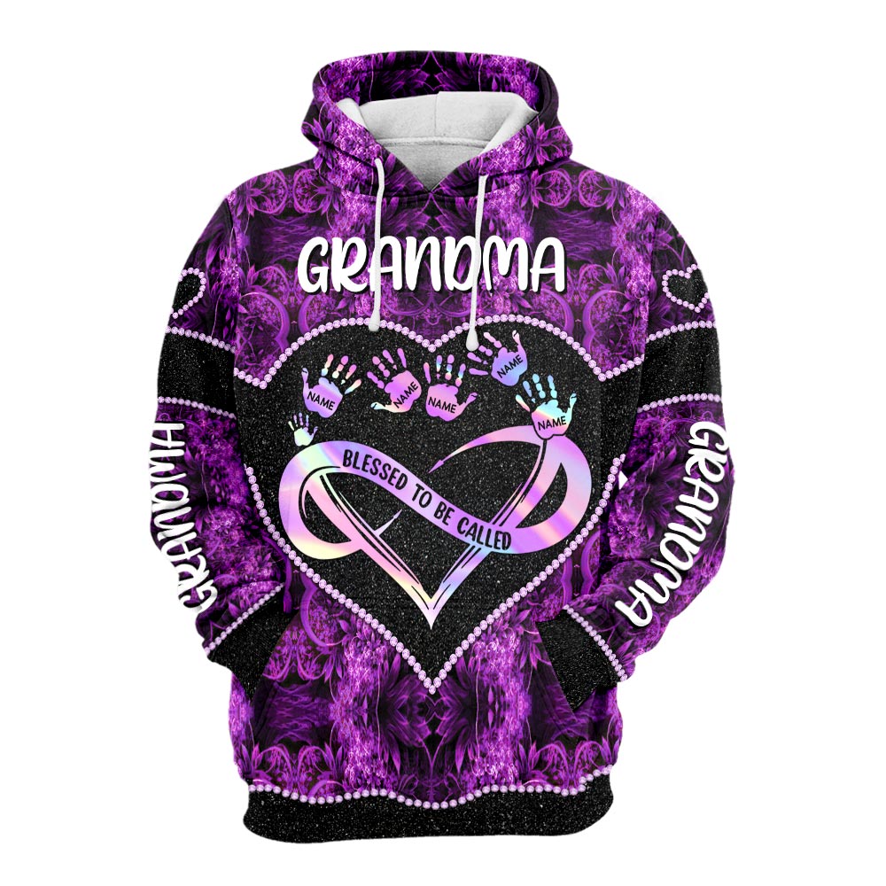 Grandma Blink Violet Infinity Heart Handprints Personalized All Over Print Shirt, 3D Shirt For Grandma HN98 HUTS