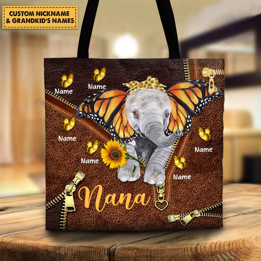 Cute Elephants with Butterfly Ears Printed Leather Pattern Personalized Tote Bag For Grandma, HN98, LIHD