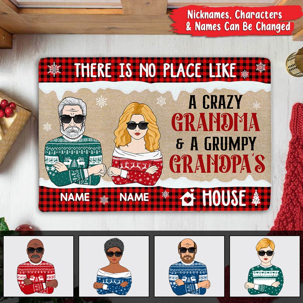 There Is No Place Like A Crazy Grandma And A Grumpy Grandpa's House Christmas Personalized Doormat For Grandparents HN98 DO99
